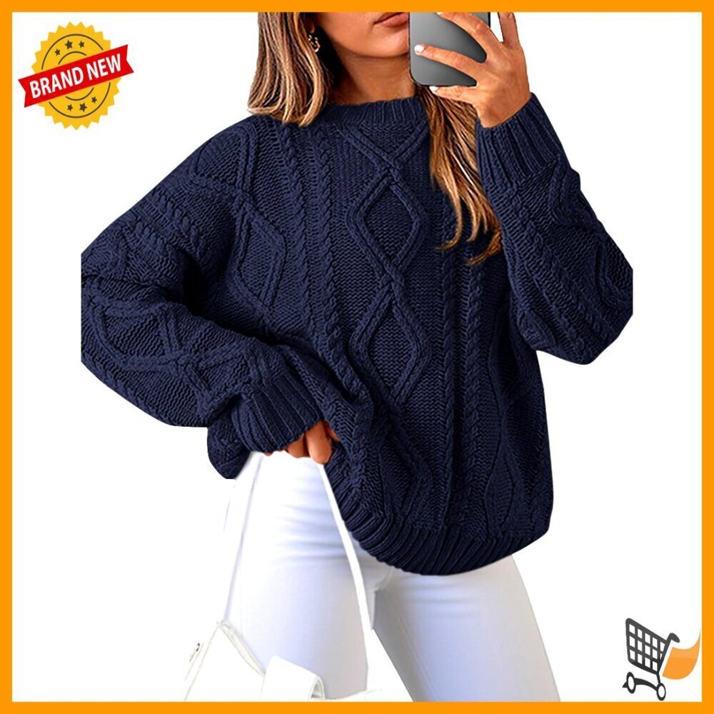 Cozy Ribbed Cable Knit Pullover Sweater Loose Fit Long Sleeve Crewneck